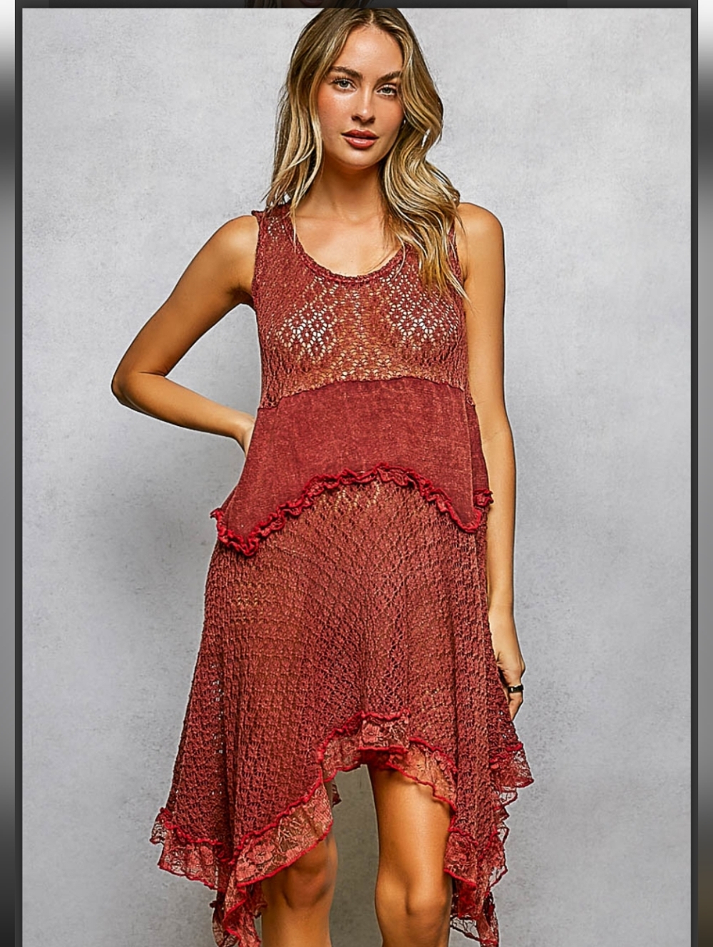 NEW ARRIVAL❣️ Powder Brick Red Crochet Ruffle Fit And Flare Airy  Sundress NIP